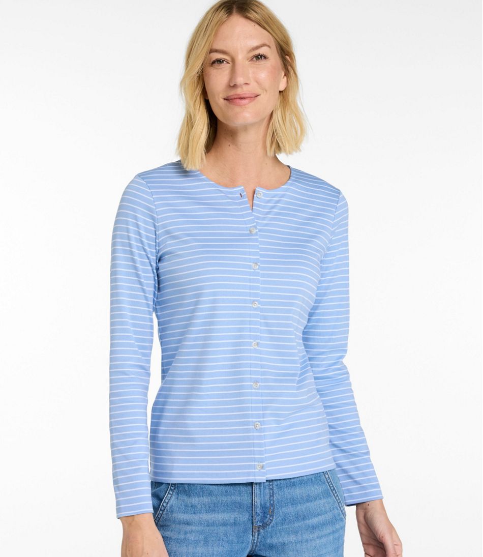 Women's Pima Cotton Tee, Long-Sleeve Crewneck Cardigan Stripe L.L.Bean Everyday