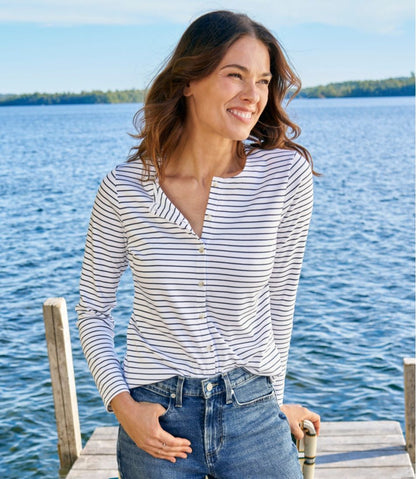 Women's Pima Cotton Tee, Long-Sleeve Crewneck Cardigan Stripe L.L.Bean Everyday