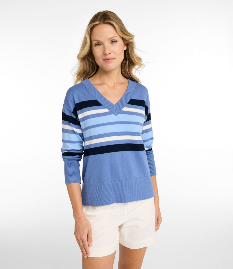 Women's Cotton/Cashmere Sweater, V-Neck Stripe L.L.Bean Everyday