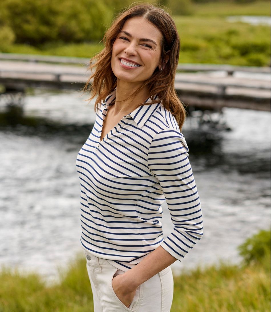 Women's Pima Cotton Tee, Three-Quarter-Sleeve Polo Stripe L.L.Bean Value