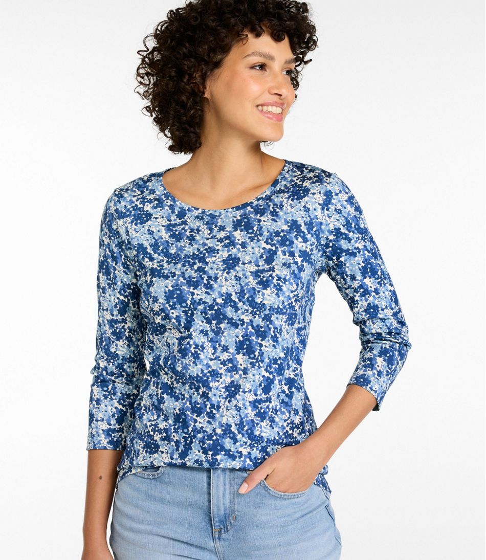 Women's Pima Cotton Shaped Jewelneck Tee, Three-Quarter-Sleeve Print L.L.Bean Featured