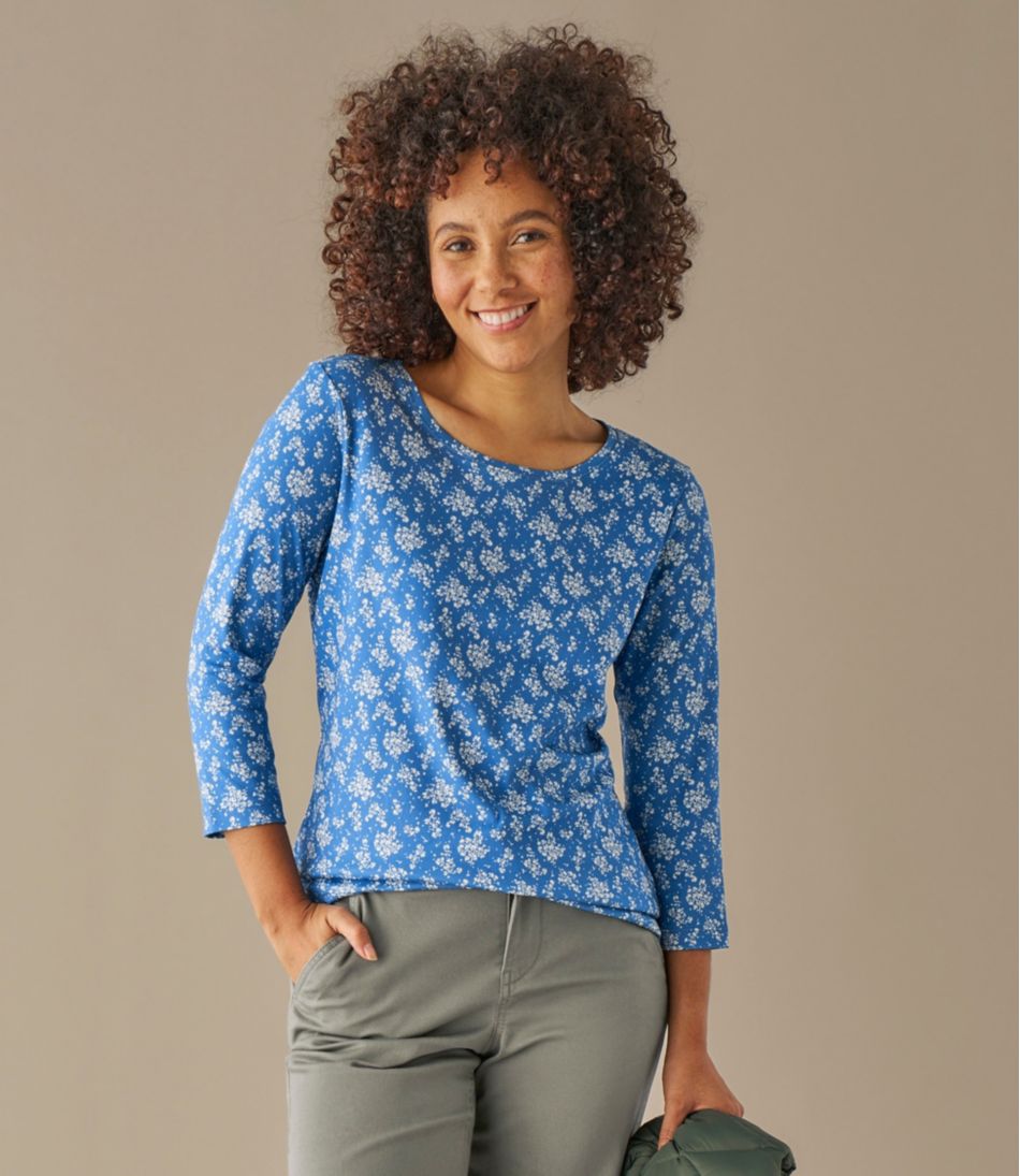 Women's Pima Cotton Shaped Jewelneck Tee, Three-Quarter-Sleeve Print L.L.Bean Featured
