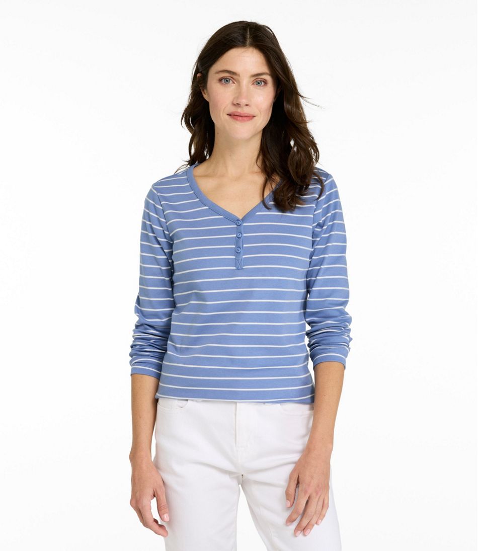 Women's L.L.Bean V-Neck Henley, Long-Sleeve Stripe L.L.Bean Value