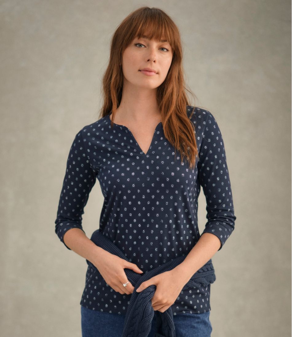 Women's Pima Cotton Tunic, Three-Quarter-Sleeve Splitneck Print L.L.Bean Premium
