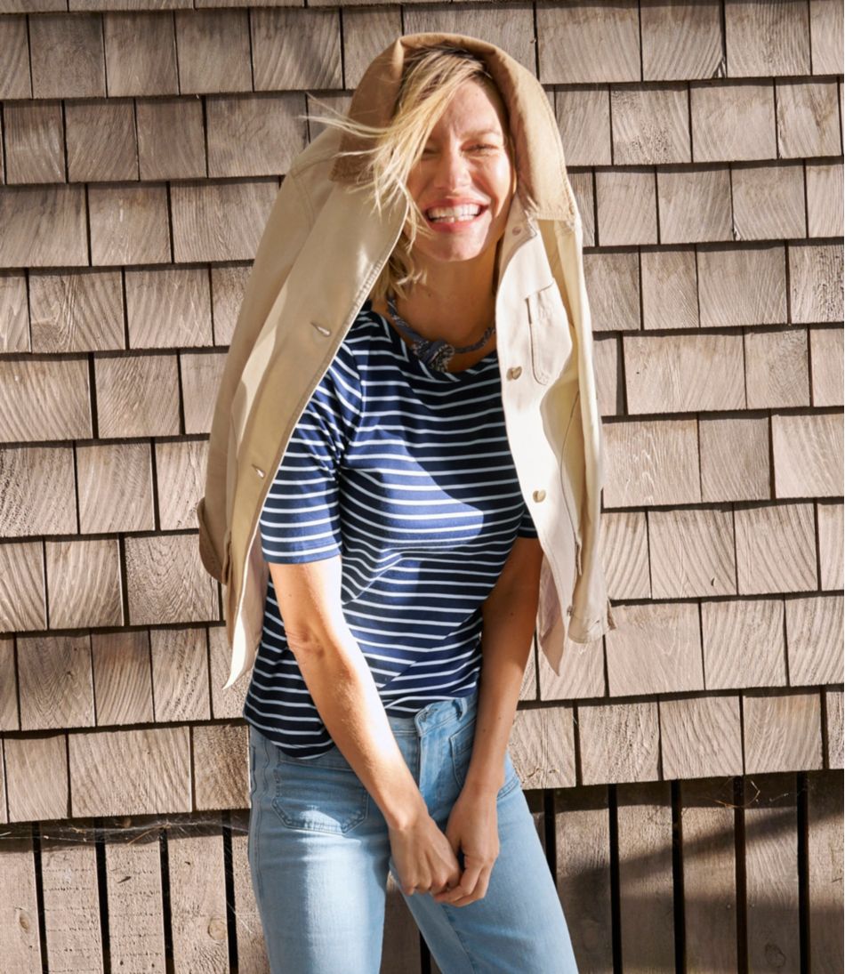 Women's Pima Cotton Tee, Elbow-Sleeve Boatneck Stripe L.L.Bean Trending