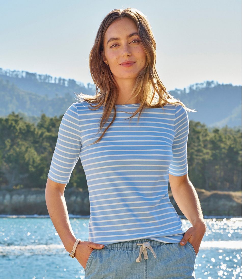 Women's Pima Cotton Tee, Elbow-Sleeve Boatneck Stripe L.L.Bean Trending