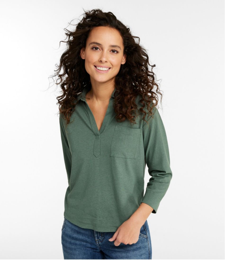 Women's Linen/Cotton Tee, Three-Quarter-Sleeve Splitneck Polo L.L.Bean Classic