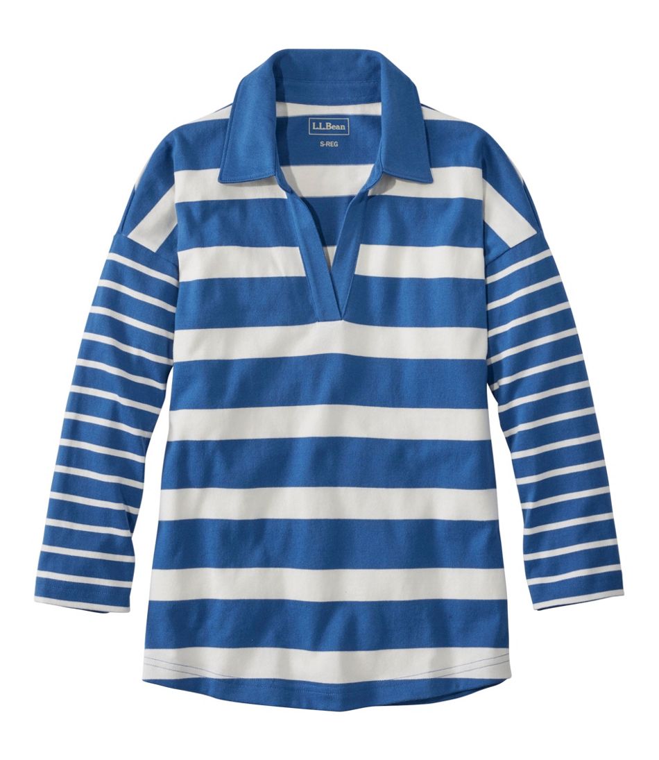 Women's Heritage Mariner Top, Splitneck Polo Three-Quarter-Sleeve, Block Stripe L.L.Bean Value