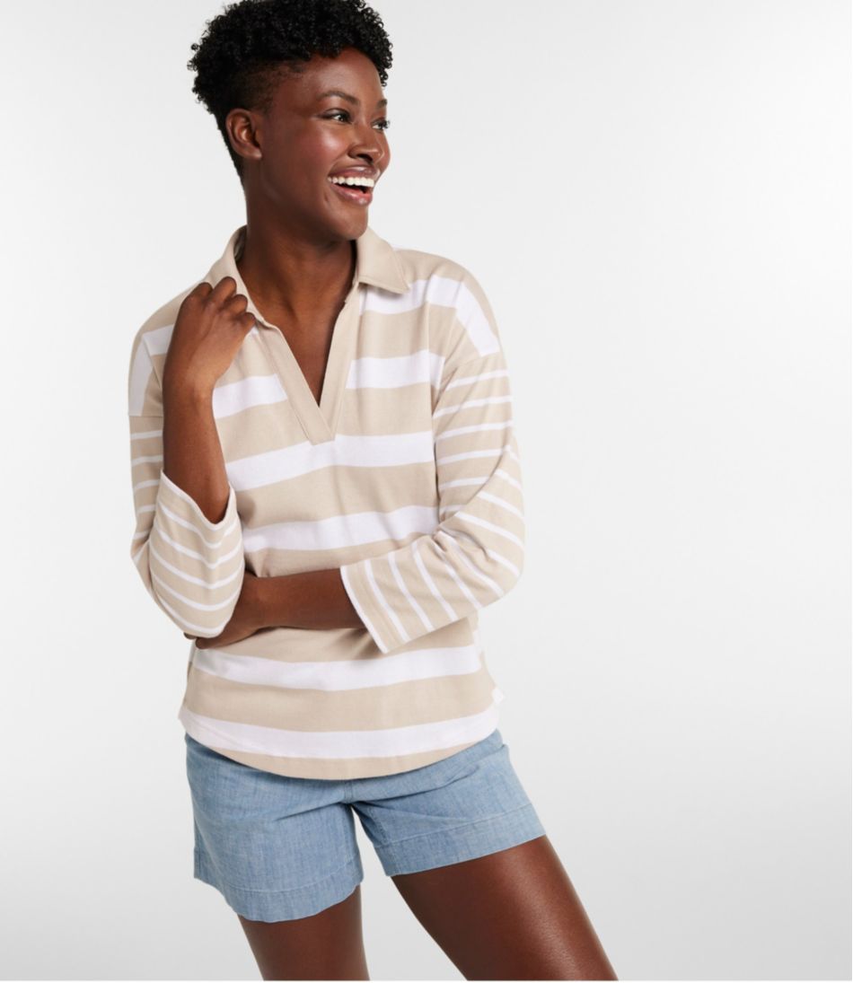 Women's Heritage Mariner Top, Splitneck Polo Three-Quarter-Sleeve, Block Stripe L.L.Bean Value