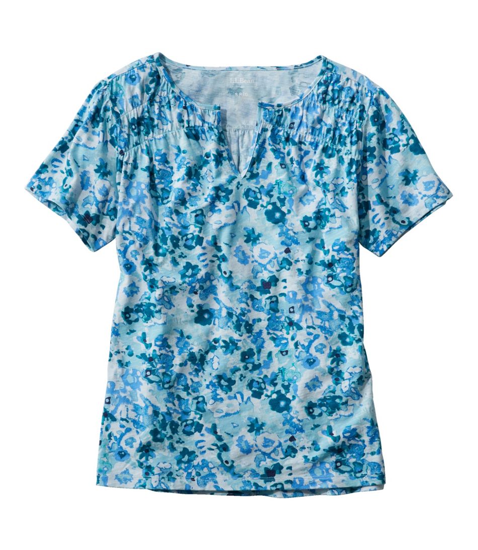 Women's Organic Cotton Tee, Smocked Notch-Neck Short-Sleeve Print L.L.Bean Trending