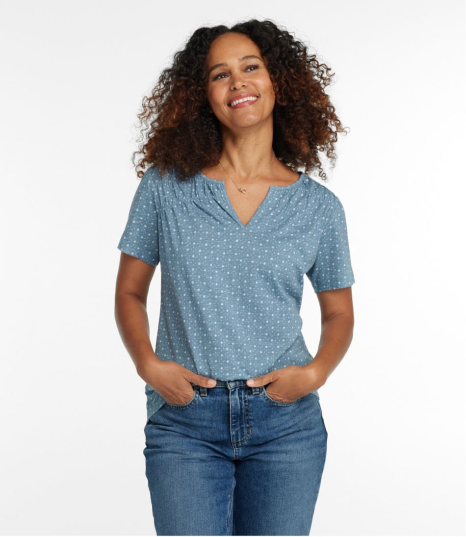 Women's Organic Cotton Tee, Smocked Notch-Neck Short-Sleeve Print L.L.Bean Trending
