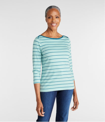 Women's Soft Stretch Supima-Blend Tee, Three-Quarter-Sleeve Boatneck Stripe L.L.Bean New