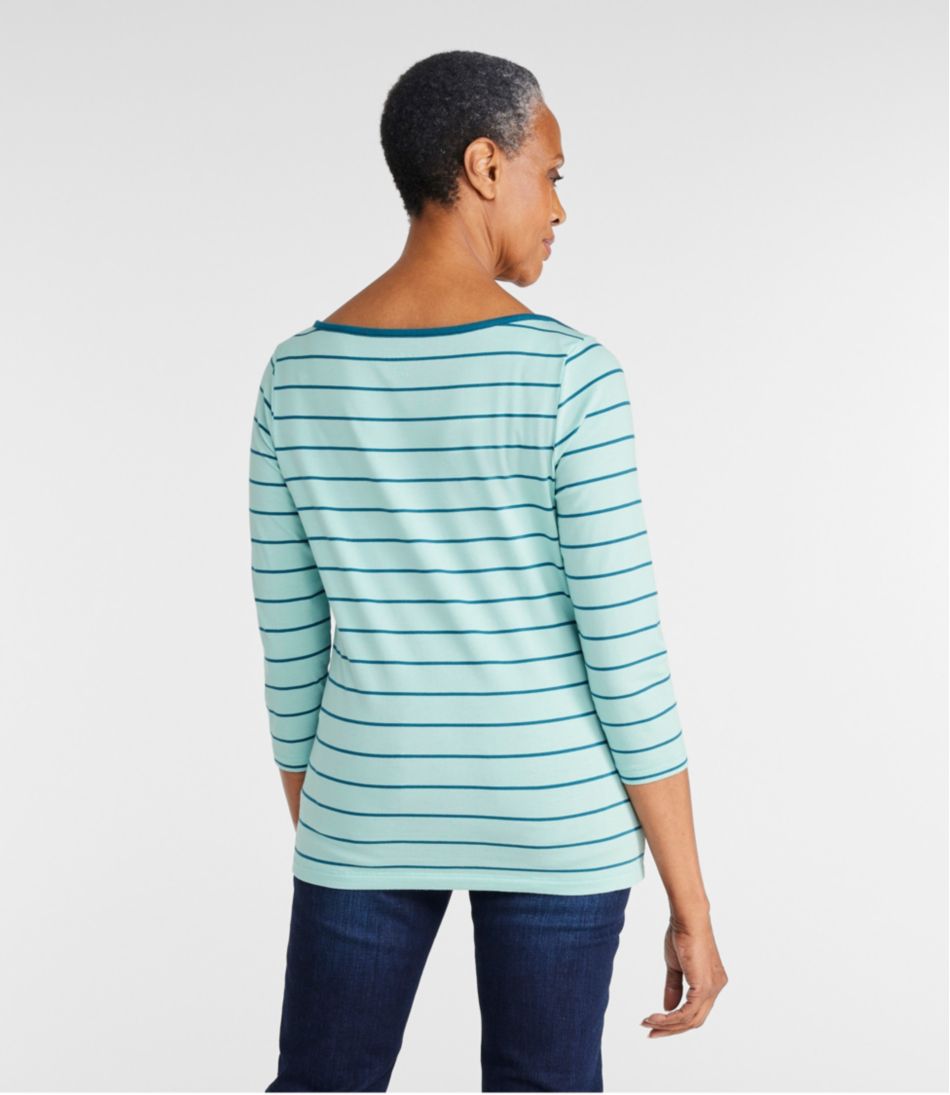 Women's Soft Stretch Supima-Blend Tee, Three-Quarter-Sleeve Boatneck Stripe L.L.Bean New