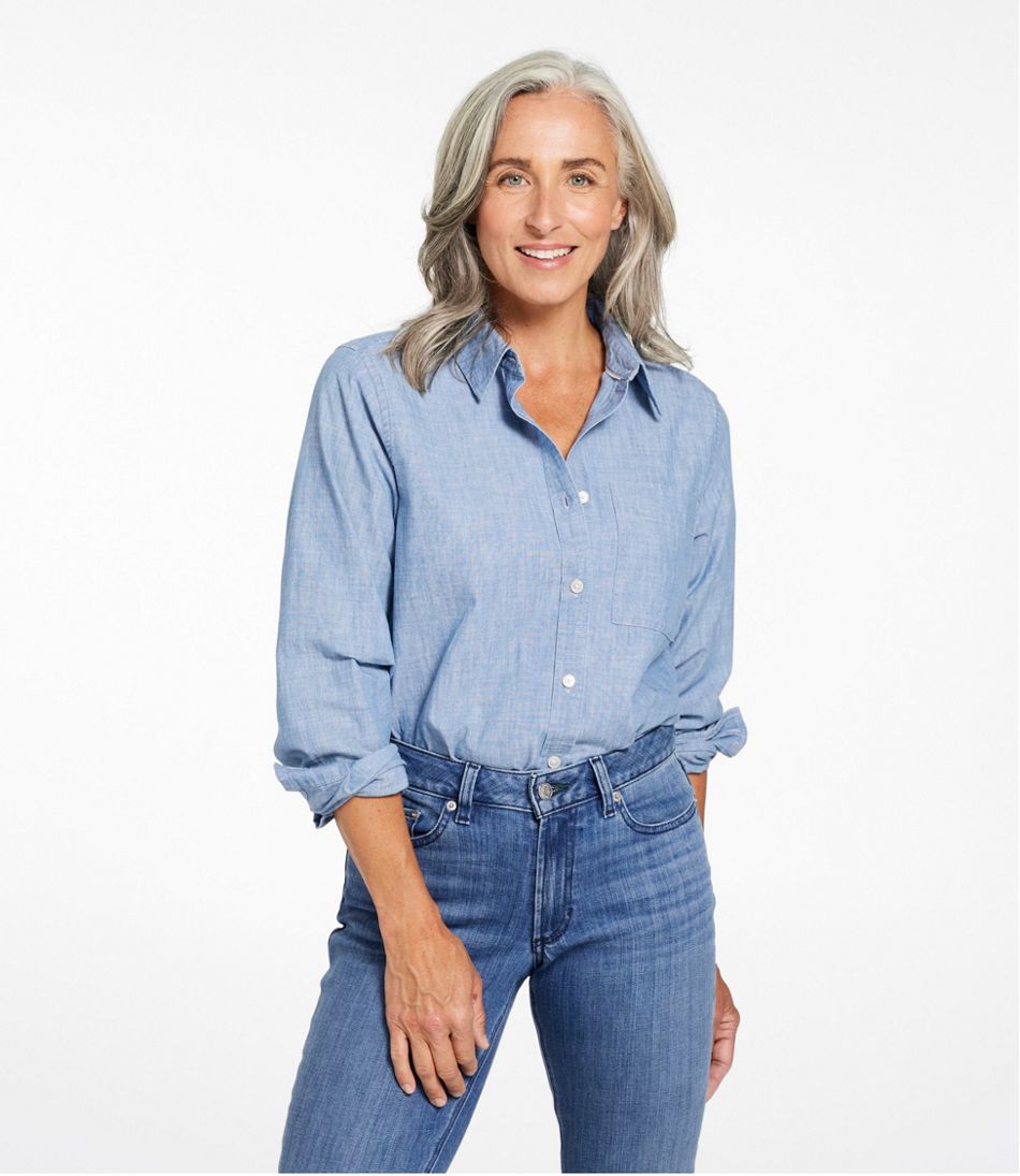 Women's Essential Cotton Shirt, Chambray Long Sleeve L.L.Bean New
