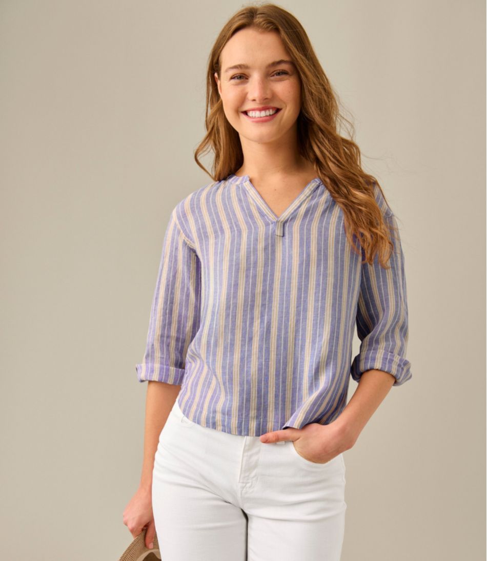 Women's Premium Washable Linen Shirt, Splitneck Stripe L.L.Bean New