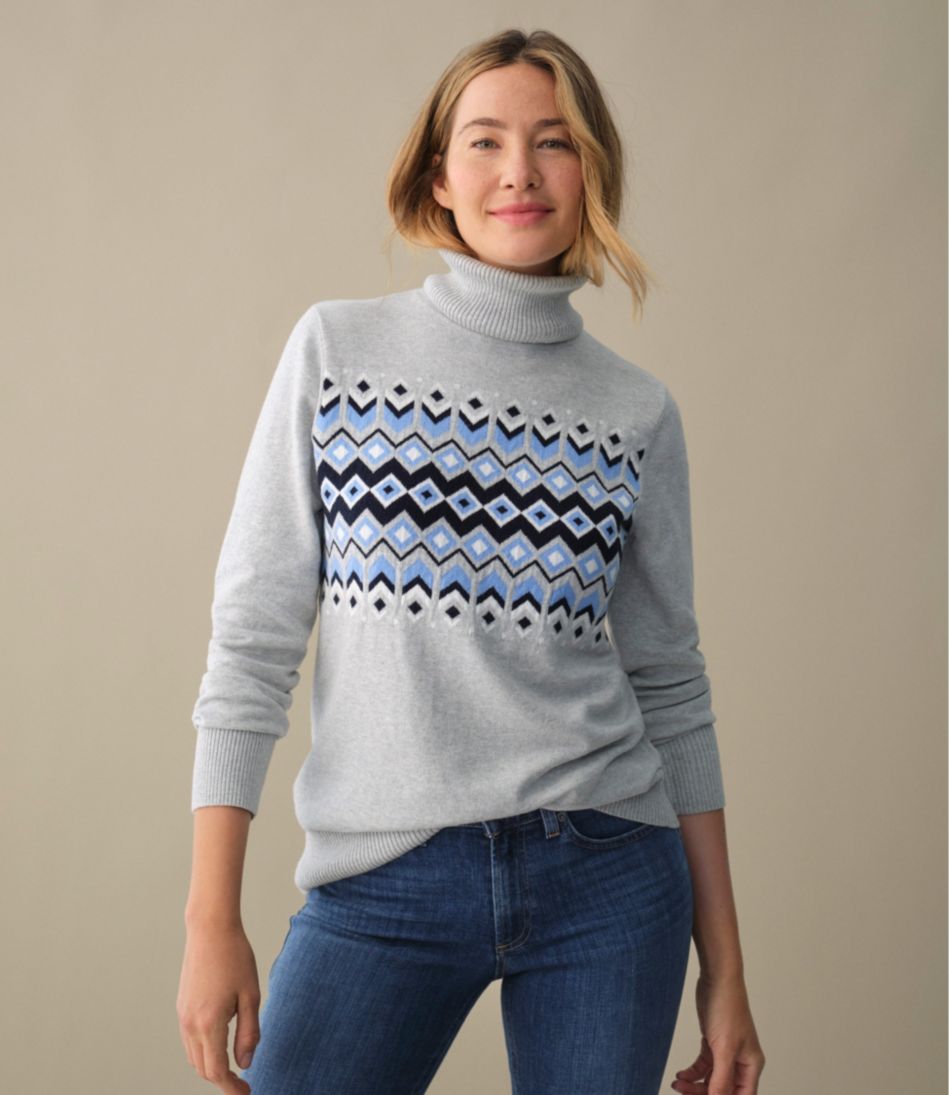 Women's Cotton/Cashmere Sweater, Turtleneck Intarsia L.L.Bean New