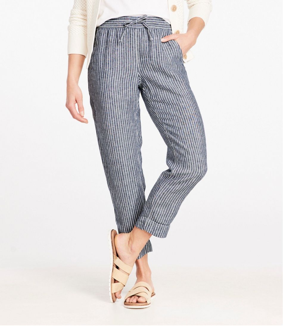 Women's Premium Linen Pull-On Ankle Pants, Mid-Rise Tapered-Leg Stripe L.L.Bean Featured