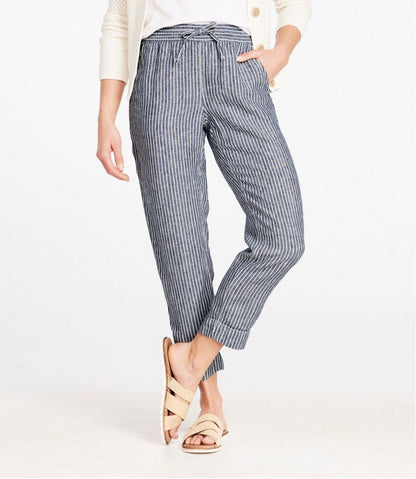Women's Premium Linen Pull-On Ankle Pants, Mid-Rise Tapered-Leg Stripe L.L.Bean Featured