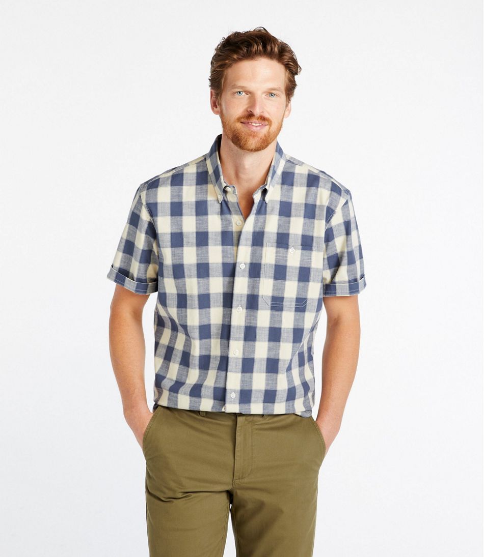 Men's Comfort Stretch® Chambray Shirt, Traditional Untucked Fit, Short-Sleeve, Plaid L.L.Bean Everyday